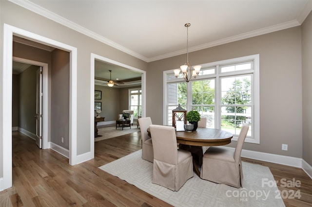 dining room with crown molding, ceiling fan with notable chandelier, and hardwood / wood-style flooring