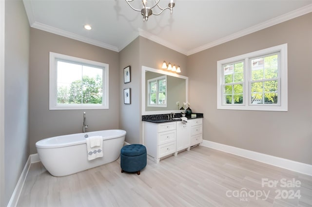 bathroom with a wealth of natural light, crown molding, a bathtub, and vanity