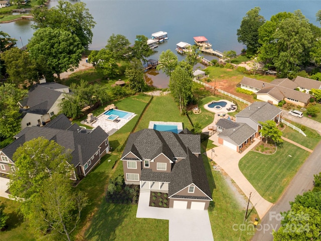 aerial view featuring a water view