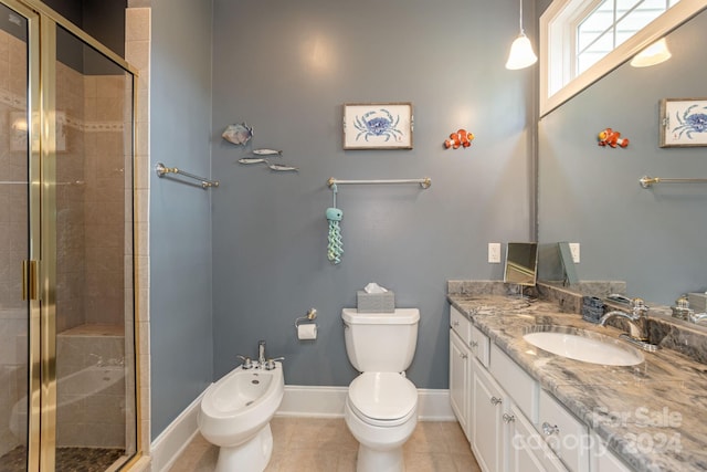 bathroom featuring walk in shower, tile flooring, a bidet, large vanity, and toilet