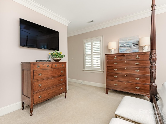 bedroom with light carpet and crown molding