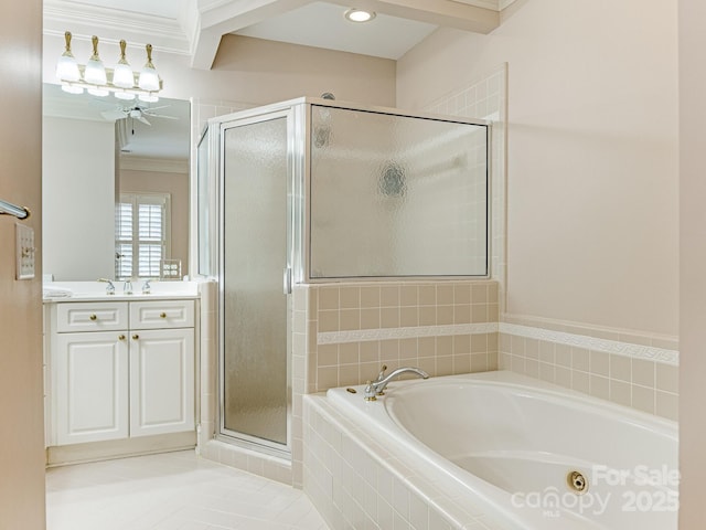 bathroom featuring independent shower and bath, ornamental molding, tile patterned flooring, and vanity