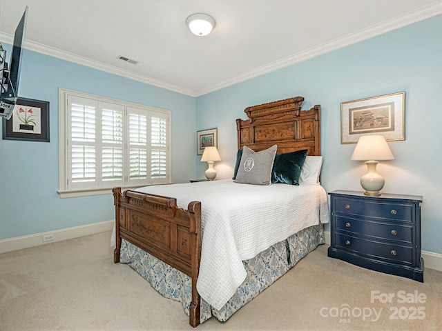 bedroom featuring light carpet and crown molding