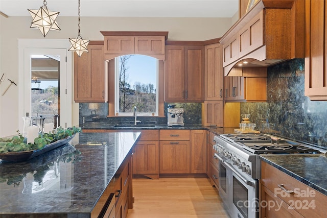 kitchen with sink, light hardwood / wood-style floors, double oven range, and tasteful backsplash