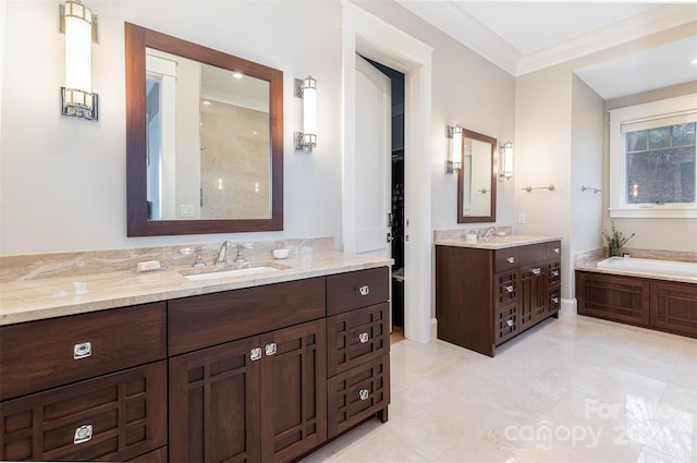 bathroom featuring tile floors, ornamental molding, dual vanity, and a bathing tub