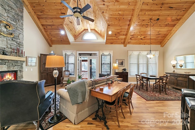 living room featuring high vaulted ceiling, wood ceiling, light wood-type flooring, and a fireplace