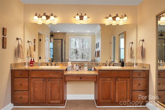 bathroom featuring an enclosed shower, tile flooring, double sink, and oversized vanity