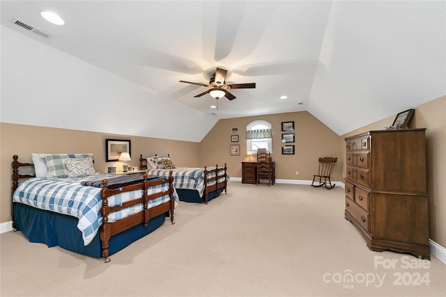 bedroom with carpet flooring, ceiling fan, and lofted ceiling