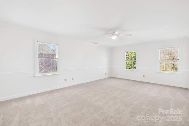 unfurnished room with carpet, crown molding, baseboards, and a ceiling fan