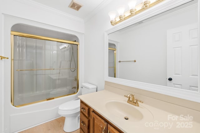 full bath featuring visible vents, toilet, ornamental molding, wood finished floors, and vanity