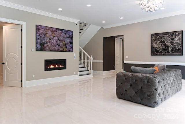 tiled living room featuring an inviting chandelier and crown molding