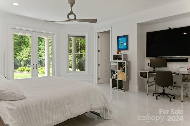 tiled bedroom featuring ceiling fan, ornamental molding, and access to outside