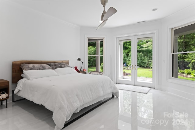 bedroom with access to exterior, ceiling fan, french doors, and ornamental molding