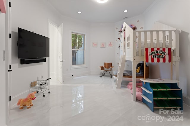 bedroom featuring tile patterned floors and crown molding