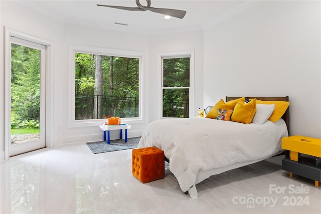 bedroom with access to exterior, ceiling fan, and crown molding