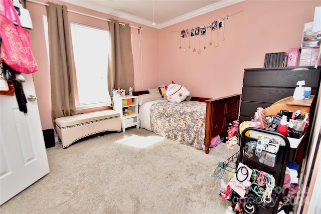 carpeted bedroom with ornamental molding