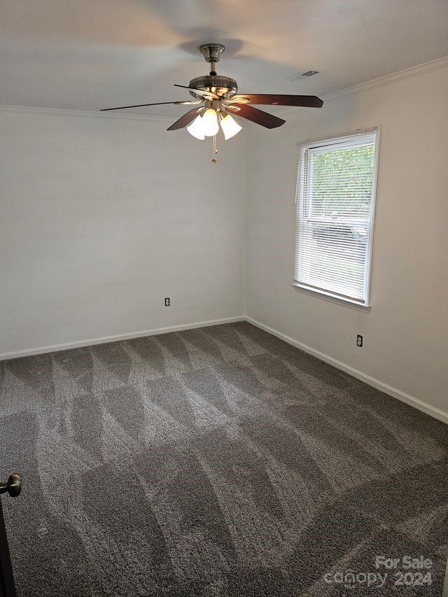 empty room with ornamental molding, carpet, and ceiling fan