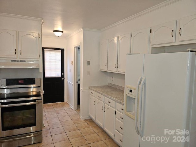 kitchen with stove, ornamental molding, white refrigerator with ice dispenser, white cabinets, and light tile floors