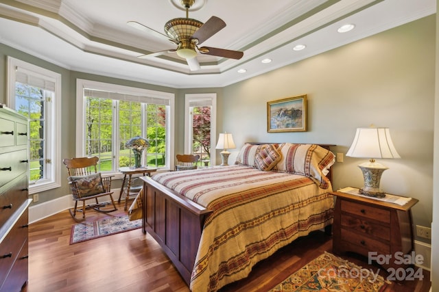 bedroom with dark hardwood / wood-style floors, a raised ceiling, multiple windows, and ornamental molding