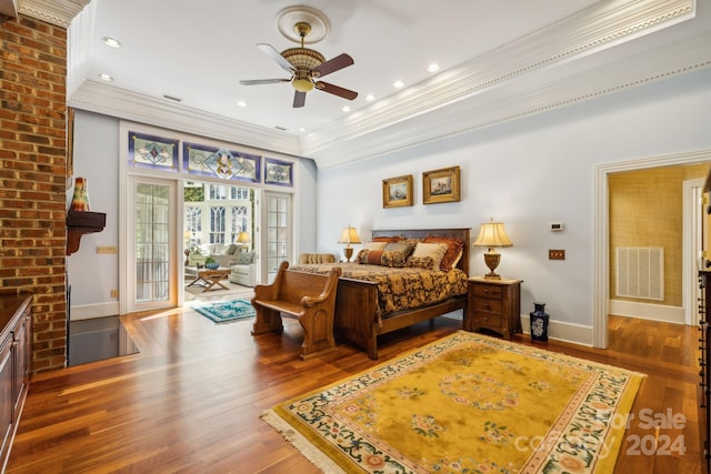 bedroom featuring wood-type flooring, ornamental molding, ceiling fan, and access to outside