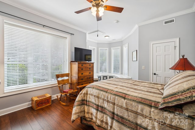 bedroom with ceiling fan, hardwood / wood-style flooring, and crown molding