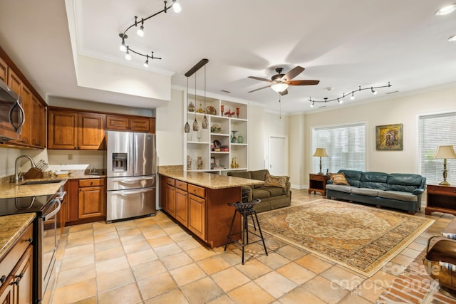 kitchen with stainless steel appliances, a wealth of natural light, sink, and rail lighting