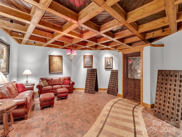 living room featuring wooden ceiling and coffered ceiling