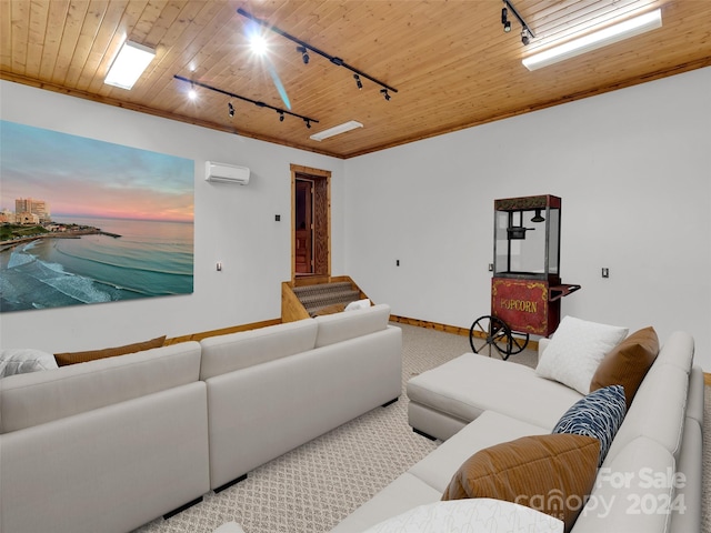 living room featuring wood ceiling, a wall unit AC, track lighting, and carpet