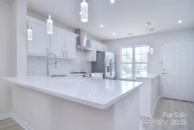 kitchen featuring white cabinets, sink, wall chimney exhaust hood, appliances with stainless steel finishes, and kitchen peninsula