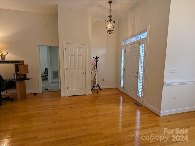 entrance foyer with plenty of natural light, a high ceiling, and light hardwood / wood-style floors