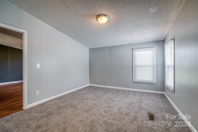 unfurnished room with carpet and a textured ceiling