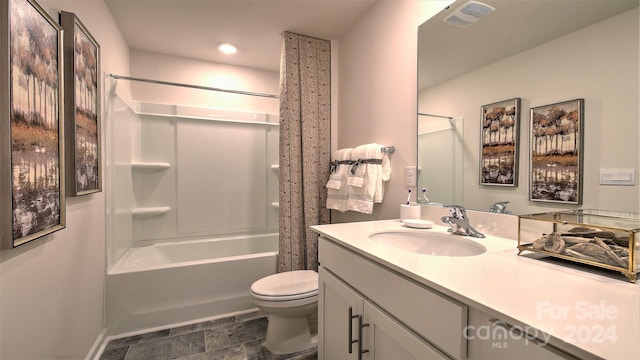 full bathroom with shower / bathtub combination with curtain, tile flooring, vanity, and toilet