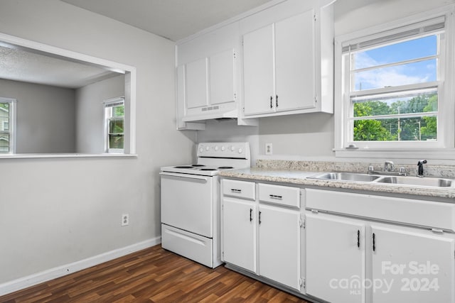 kitchen with dark wood-type flooring, custom range hood, white electric range oven, white cabinets, and sink