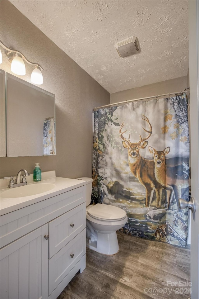 bathroom with hardwood / wood-style flooring, a textured ceiling, toilet, and vanity