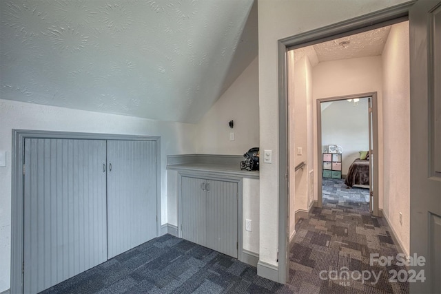 additional living space with vaulted ceiling, dark carpet, and a textured ceiling