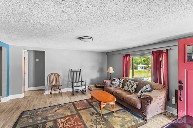 living room with hardwood / wood-style floors and a textured ceiling