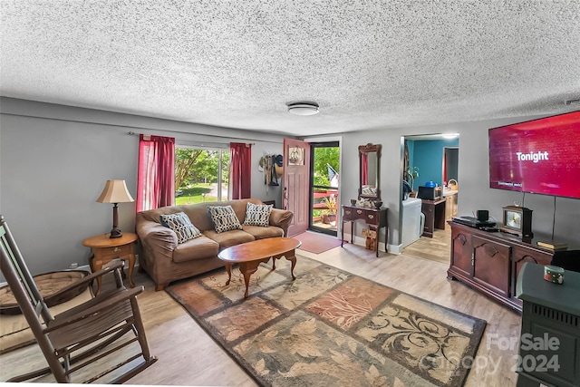 living room featuring light hardwood / wood-style flooring and a textured ceiling