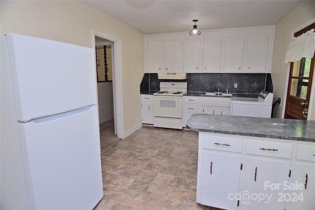 kitchen featuring white appliances, exhaust hood, white cabinets, sink, and tasteful backsplash