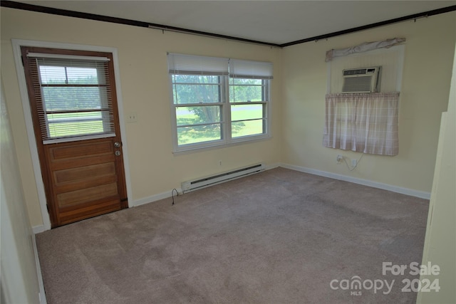 foyer entrance featuring baseboard heating, crown molding, light colored carpet, and a wall mounted air conditioner