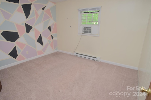 unfurnished room with carpet floors, cooling unit, and a baseboard heating unit