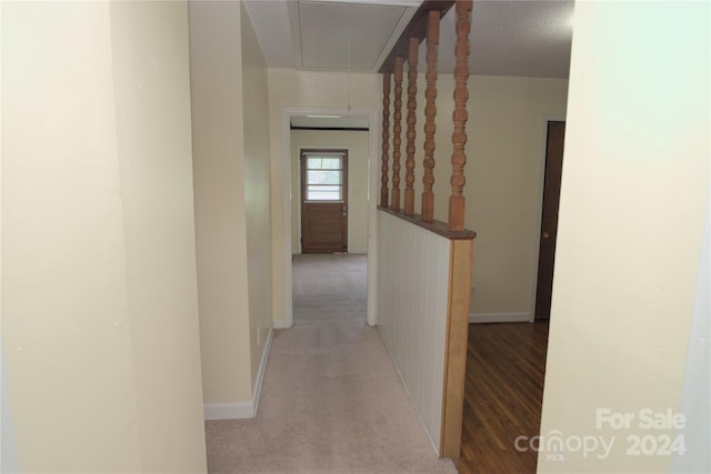 hallway with carpet and a textured ceiling