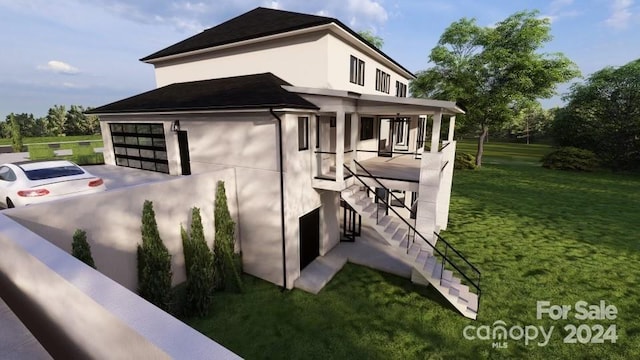 view of property exterior with covered porch, a yard, and a garage