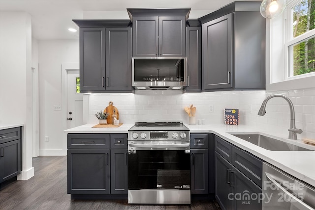 kitchen featuring backsplash, dark hardwood / wood-style flooring, sink, and stainless steel appliances