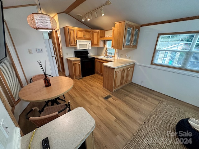 kitchen with vaulted ceiling with beams, pendant lighting, light hardwood / wood-style floors, and white appliances