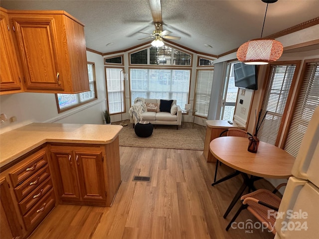 kitchen featuring ceiling fan, crown molding, pendant lighting, a textured ceiling, and light wood-type flooring