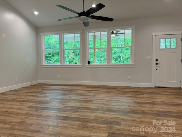 interior space featuring dark hardwood / wood-style floors, a healthy amount of sunlight, and ceiling fan