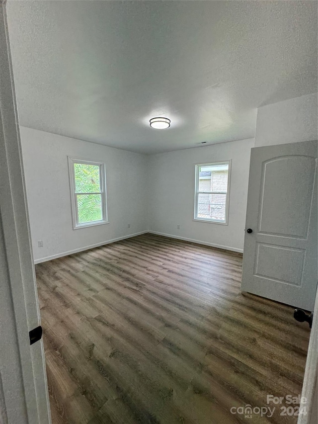 spare room with a textured ceiling, plenty of natural light, and dark wood-type flooring