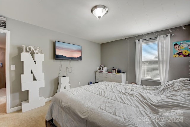 bedroom with light colored carpet