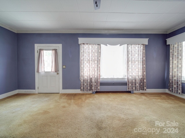 foyer featuring radiator, carpet flooring, and ornamental molding