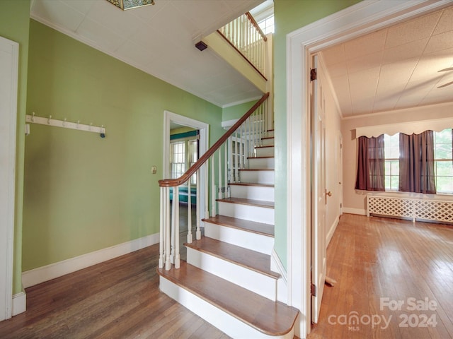 staircase with wood-type flooring, radiator heating unit, and ornamental molding